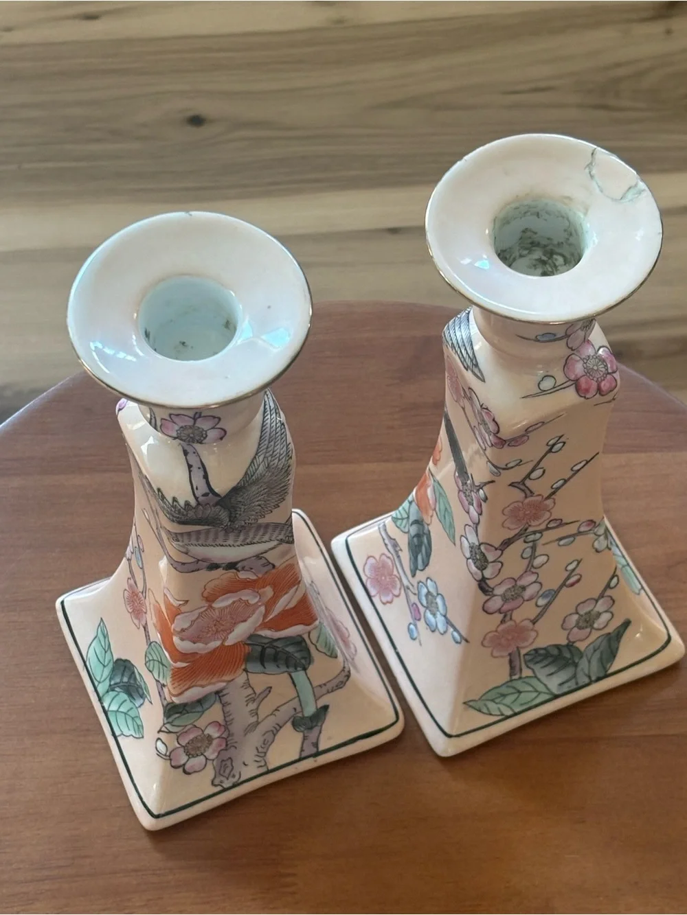 Pink Floral Ceramic Candle Holders with Bird Motif